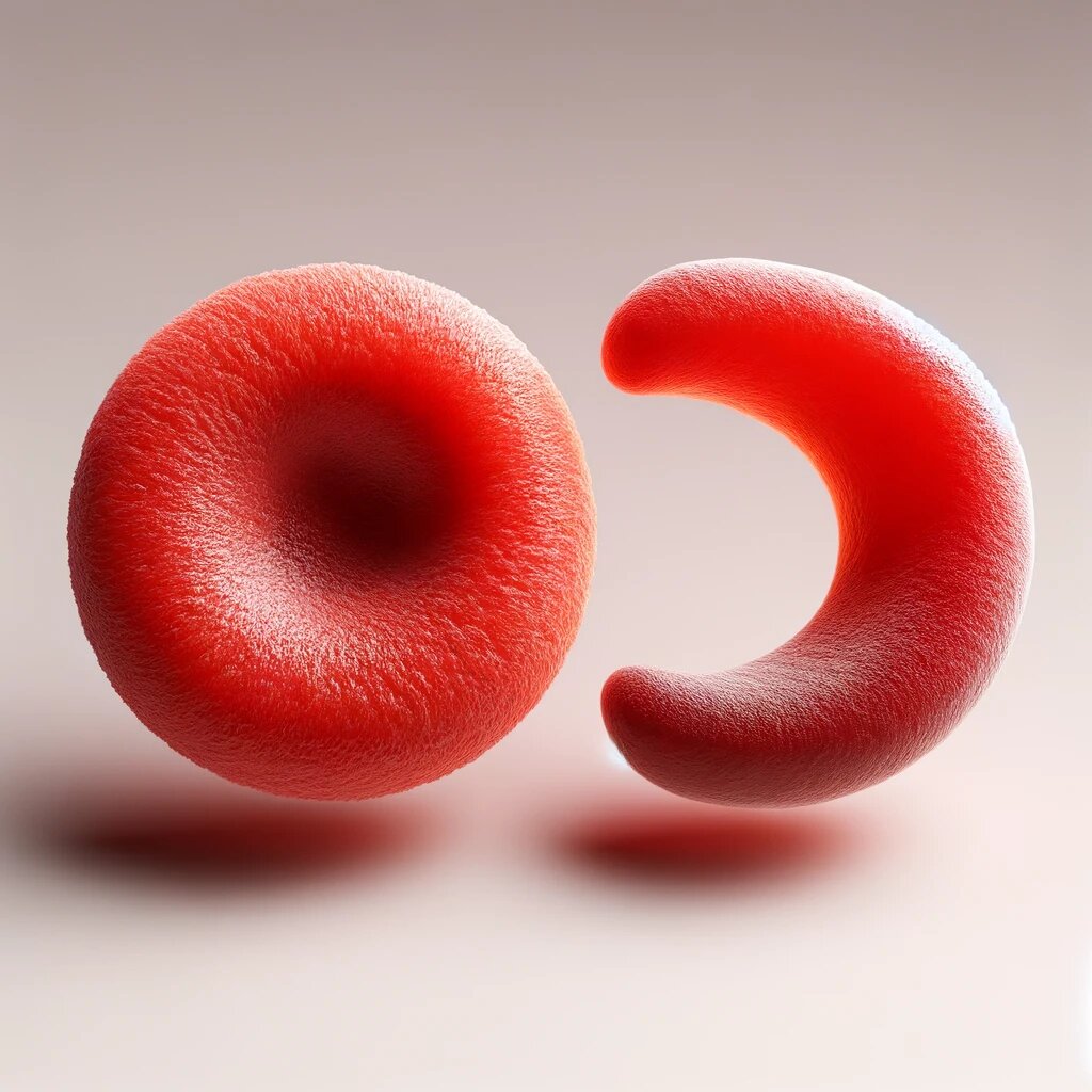 Links zeigt ein gesundes rotes Blutkörperchen, rechts beispielhaft die Verformung der roten Blutkörperchen bei Sichelzellanämie-Patienten. Quelle: [Dall-E](https://openai.com/dall-e-3)